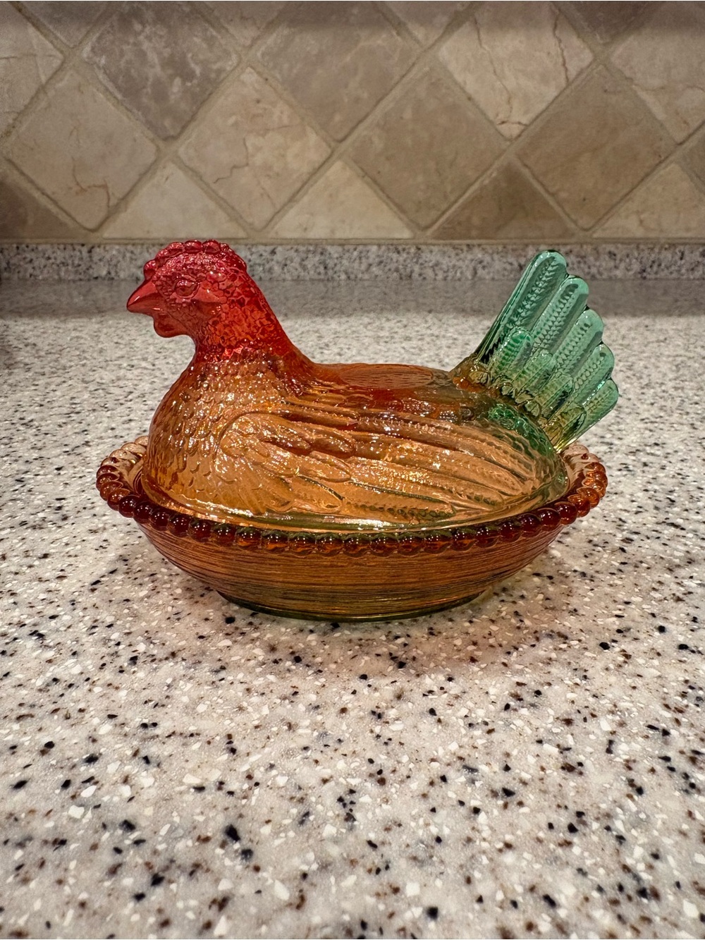 Amber Glass Chicken Hen on Nest Covered Bowl with Lid Oval Red Green Accents